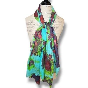 Aqua, Green, And Red Printed Scarf Wrap - OS
